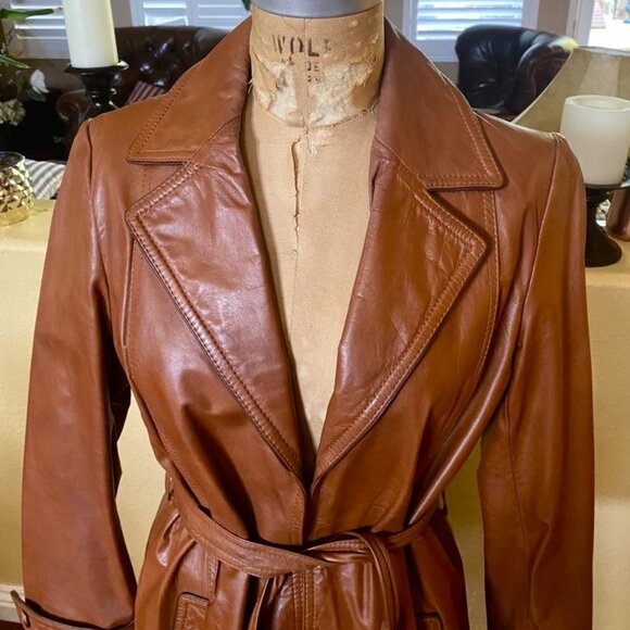 Vintage 70s Wilsons Leather Trench Coat Cognac Brown Belted Size 14 - Picture 9 of 16